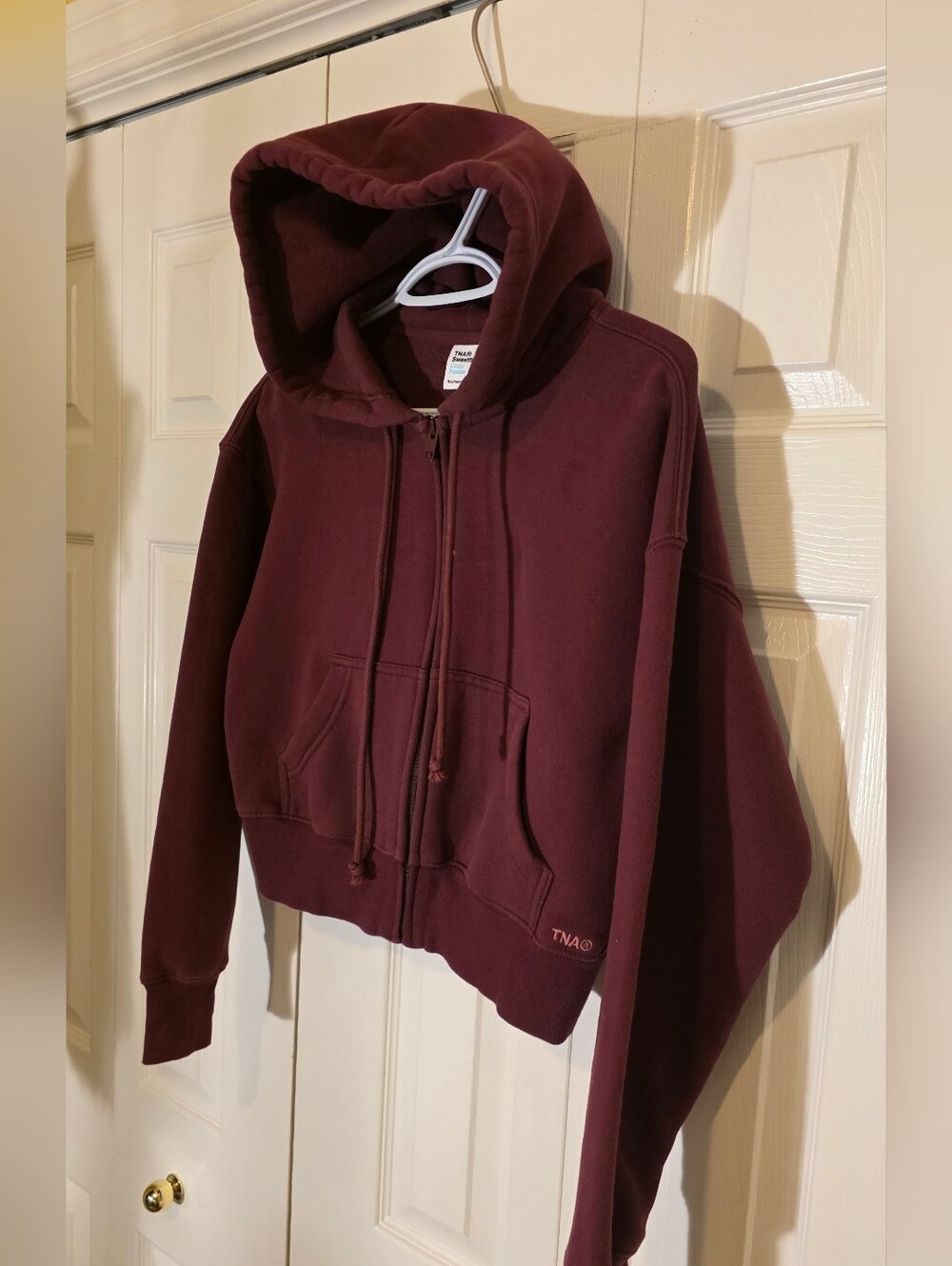 Aritzia TnaCozy Sweatfleece Boyfriend Boxy Zip Hoodie XS In Spiced Burgundy